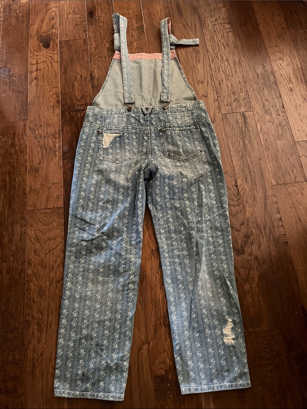 FP Distressed Light Blue Denim Overalls w/pink&white fabric on back of strap - Picture 6 of 14